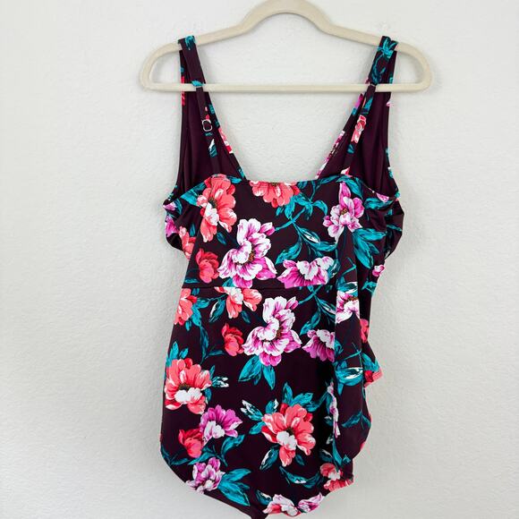 Embrace Your Curves Women Floral One Piece Bathing Swimsuit Burgundy XL 16/18 - Picture 4 of 9